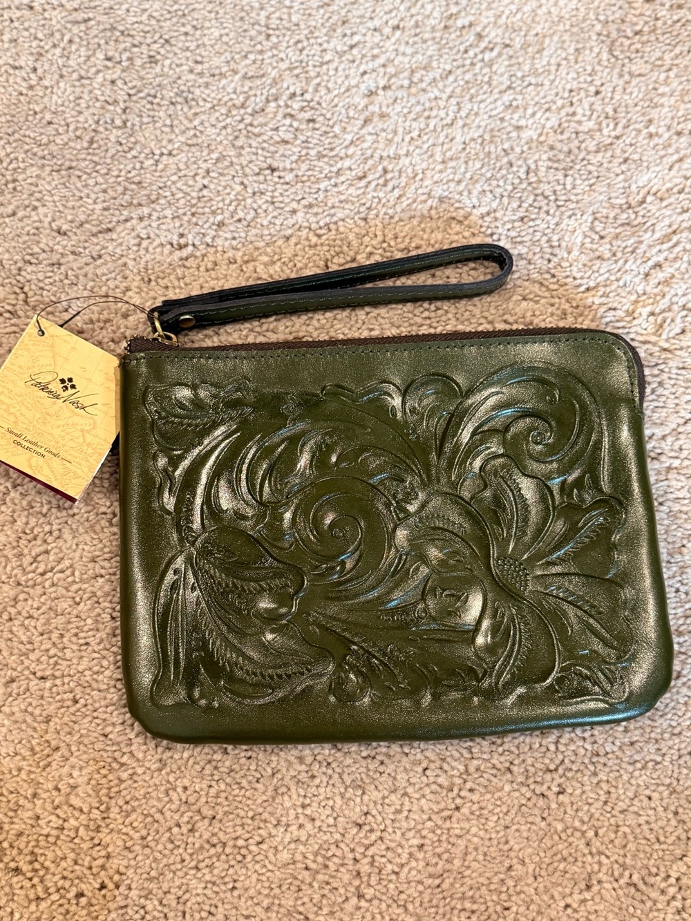 Patricia Nash Embossed Dark Green Leather Wristlet Clutch